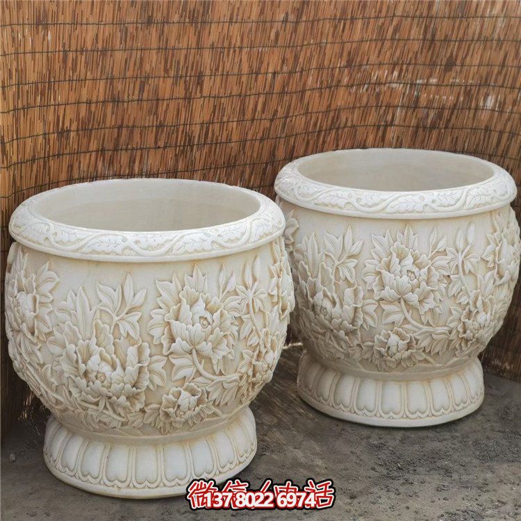 漢白玉浮雕荷花養(yǎng)魚(yú)缸，精美庭院裝飾戶(hù)外中式花盆