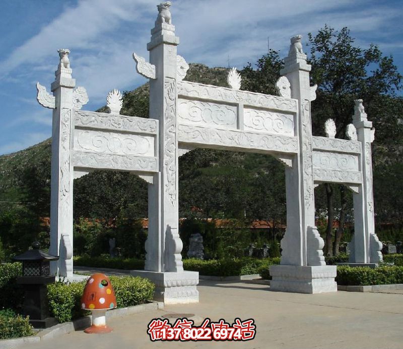 精致園林景觀，漢白玉華表浮雕祥云門樓石牌坊