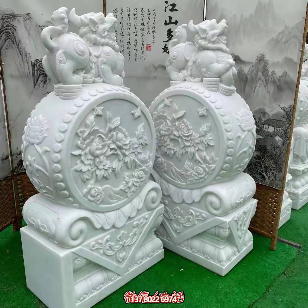 天然優(yōu)質(zhì)漢白玉浮雕麒麟抱鼓石，裝點你的庭院門口