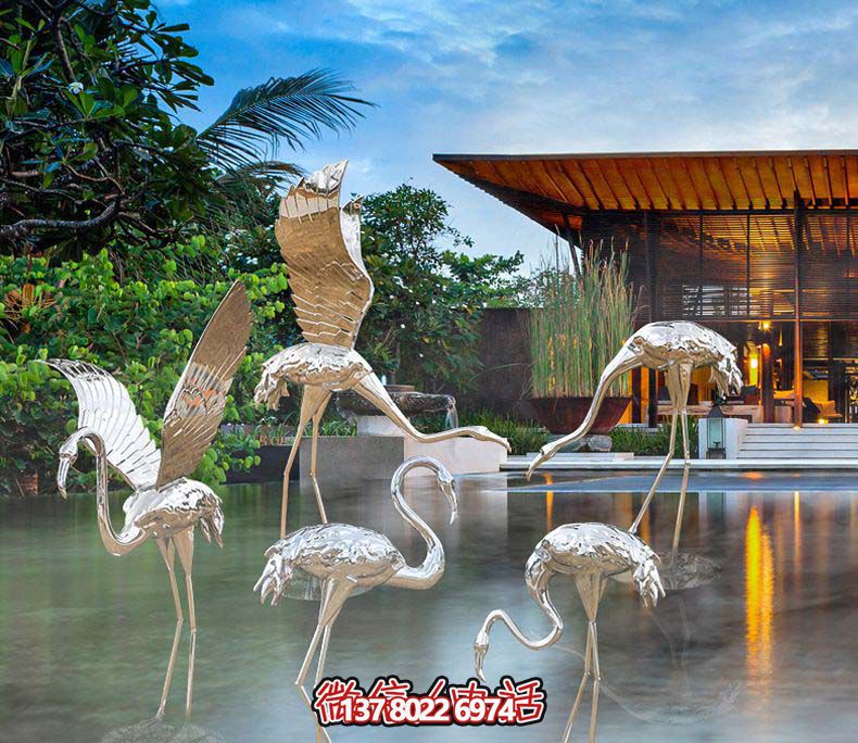 不銹鋼火烈鳥雕塑，游樂園擺放鏡面裝點
