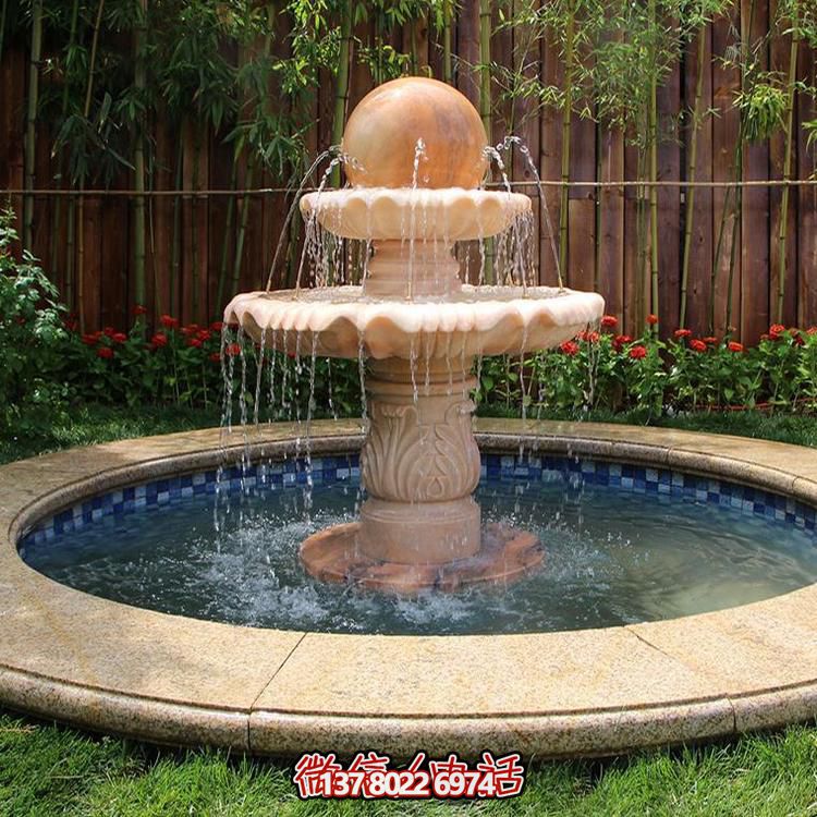 晚霞之紅，流水之?dāng)[件，噴泉之雕塑