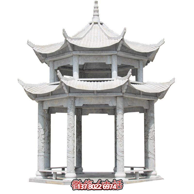 精美大理石雙層柱涼亭，雕塑點綴休息亭