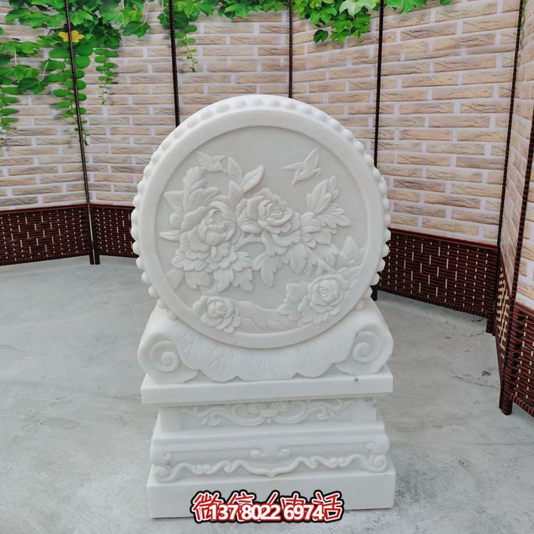 中式風(fēng)格天然漢白玉石雕抱鼓浮雕門(mén)墩，花開(kāi)富貴
