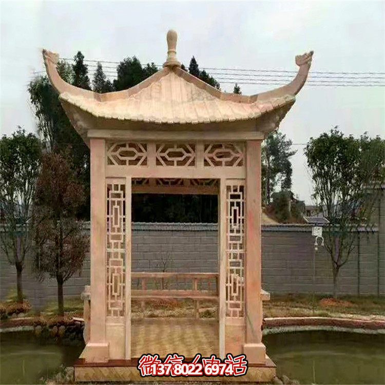 紅石雕鏤涼亭，晚霞中空中創(chuàng)意雕塑