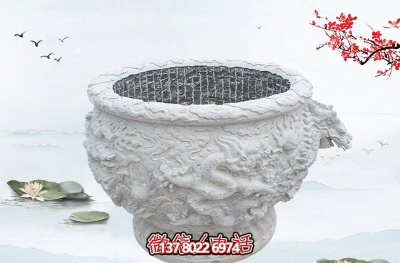 漢白玉石雕龍浮雕水缸雕塑，為庭院增添優(yōu)雅氣息