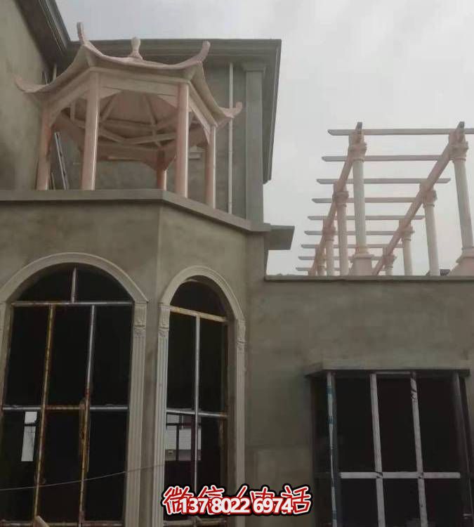 別墅陽臺(tái)擺放晚霞紅石雕長(zhǎng)廊花架仿古六角涼亭