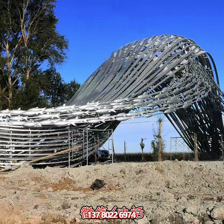 沖浪魚群、水波不銹鋼景觀雕塑