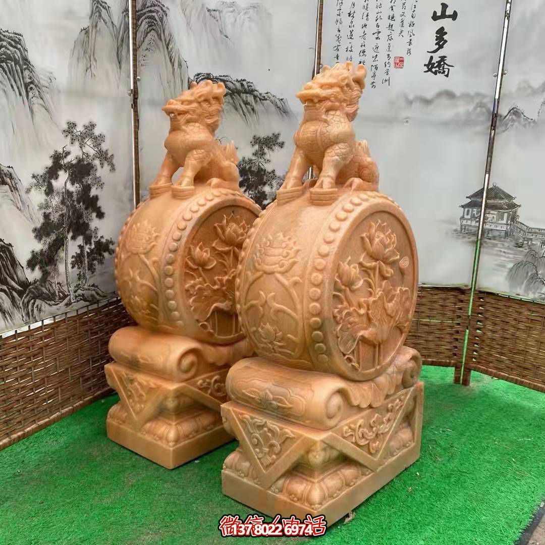 麒麟抱鼓石，晚霞紅荷花門墩