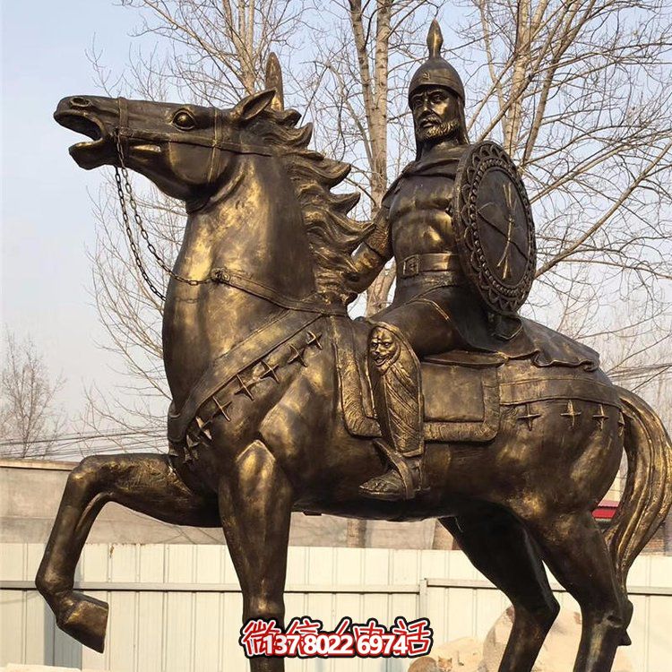 西方古代的騎馬士兵銅雕，手持盾牌騎馬身上的西方戰(zhàn)士