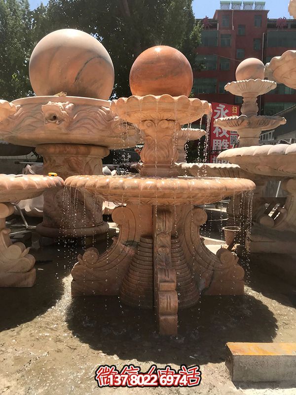 室外別墅擺放晚霞紅雙層風水球石雕噴泉 室外別墅擺放晚霞紅雙層風水球石雕噴泉